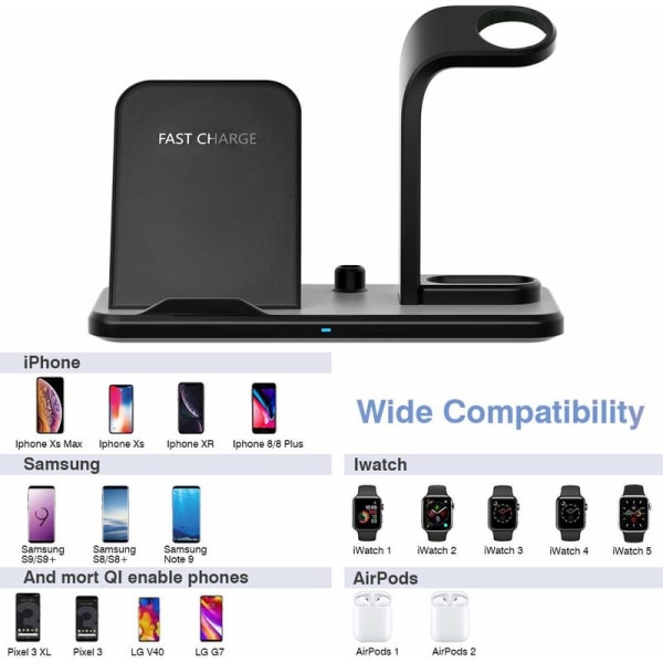 Trådlös laddare, Qi Snabb 3 i 1 10W trådlös laddningsstation kompatibel med Apple Watch Series 1/2/3/4/5 och iPhone11 / 11 Pro / 11 Pro M