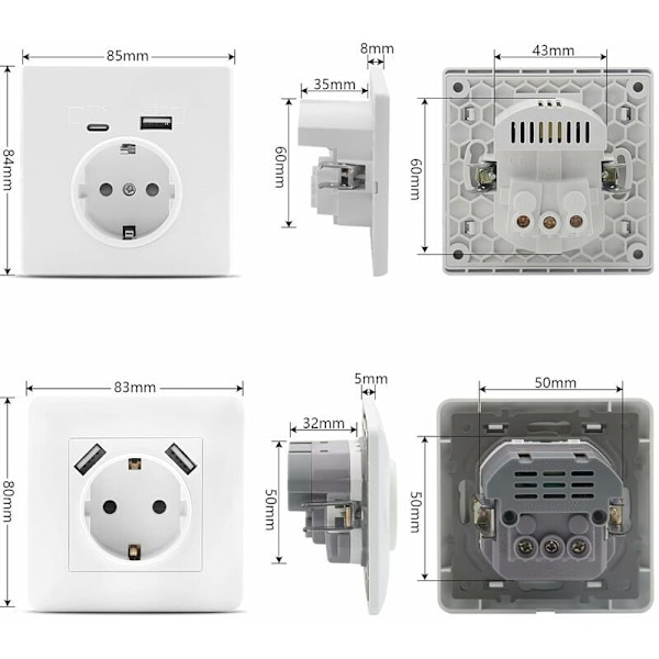 Veggkontakt med 2 2,8 A flushmonterte USB-porter, USB-veggkontakt med (USB-A og USB-C) kompatibel med standard flushmonteringsboks, lader for smarttelefoner