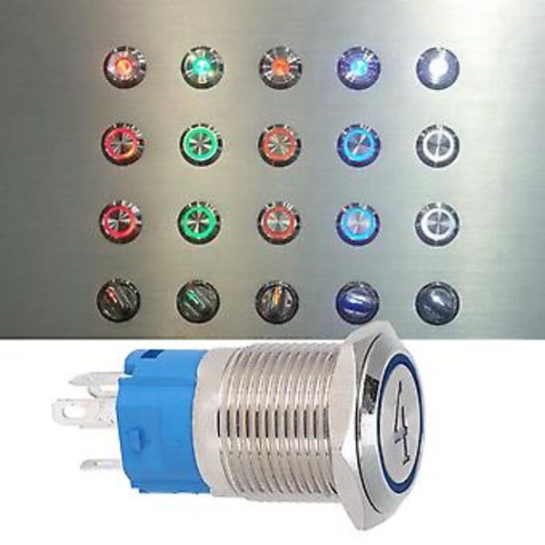 2 st 5-Pin Metall Tryckknappsbrytare 16mm Platt Huvud Självåterställande Brytare med Ljus Nummer 4 (3-6VDC Blå) för DIY-projekt, Fordon och Industri