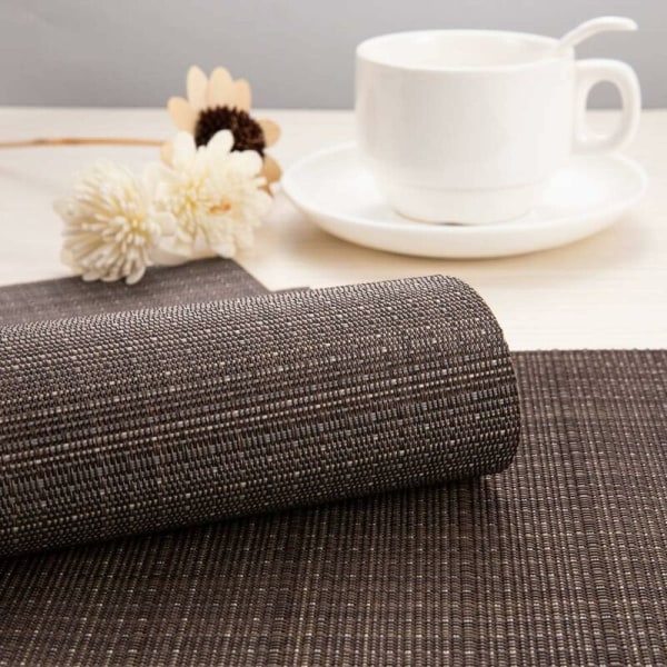Set med 6 bordbrikker, spisebrikker, vaskbare, sklisikre, varmeisolerende, vevde vinylbrikker for kjøkken, spisestue, restaurant 18X12 (kaffe)