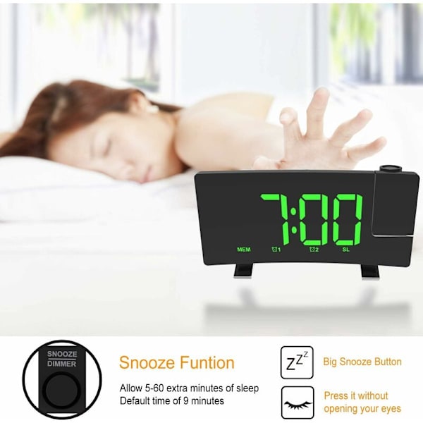Projektionsklockradio, 180  Takprojektionsväckarklocka, USB FM Digitalklocka med Dubbla Alarm, Snooze, Sleep Timer, 12/24h, Stor LED-skärm med Dimmer (Grön)