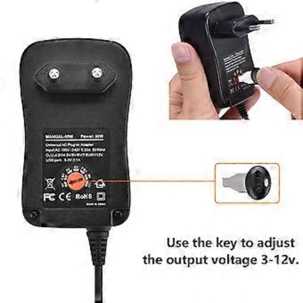 Universell AC-adapter 3V 4.5V 5V 6V 7.5V 9V 12V 2A 2.5A DC Strömförsörjningstransformator med 8 adaptrar för LED-hushållselektronik.