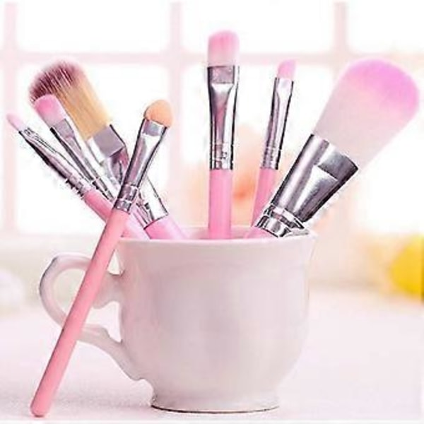 Sminkekoster for barn, 7 stk. sminkekostsett Foundation Øyenbryn Eyeliner Kost Kosmetiske Concealer Koster for barn Jenter, Kvinner Reise - Rosa med Etui