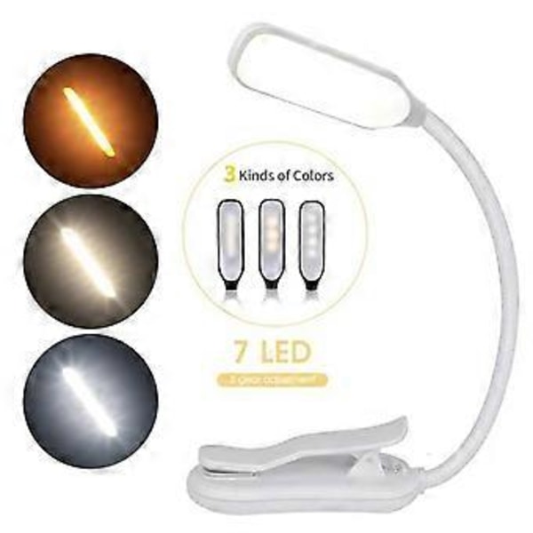Ladattava kirjavalo Mini 7 LED lukuvalo 3-tasoinen joustava helppo klipsilamppu luku yövalo sängyssä valkoinen