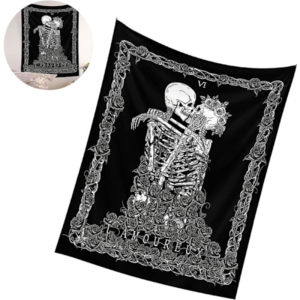 Skalle Väggbonad Kyssande Älskare Gobeläng Vägg Hängande Svart Tarot Gobeläng Skelettfilt Tyg Dekoration för Sovrum Vardagsrum 73