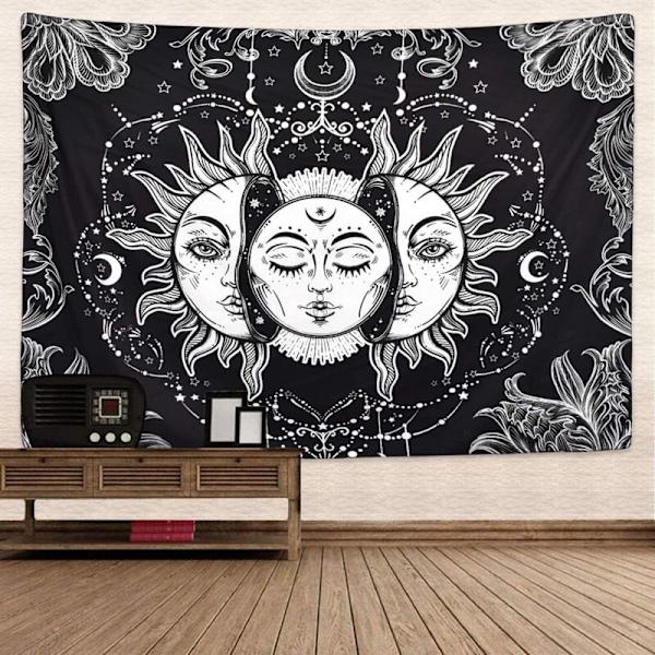 Psykedelisk Sol og Måne Gobelin Sort og Hvid Gobelin Soveværelse Studio Dekoration (Sort, 148 x 200 cm)