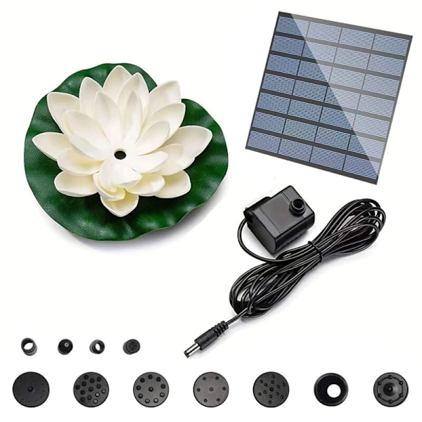 Solcelledrevet springvandspumpe Lotus-form 1,2W vandpumpe 180L/H med 11 dyser til fuglebad damme have hvid