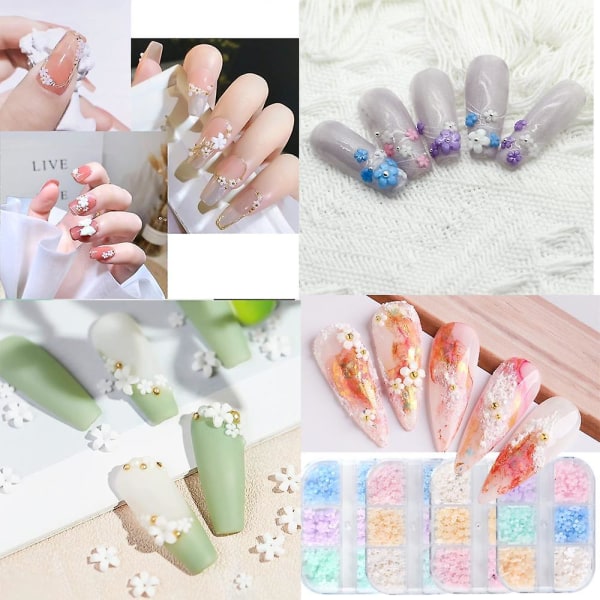 Akrylblommor 3d nageldekorationer blandad storlek vita platta hartsblommor 3d nagelkonstdesign