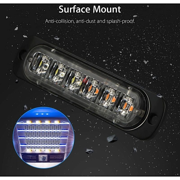 4 stk. - Ultra tynde blå 6 LED stroboskoplys - LED lysbjælke Mini nødbjælke 18 blinkende tilstande 12V-24V til universalbil eller lastbil