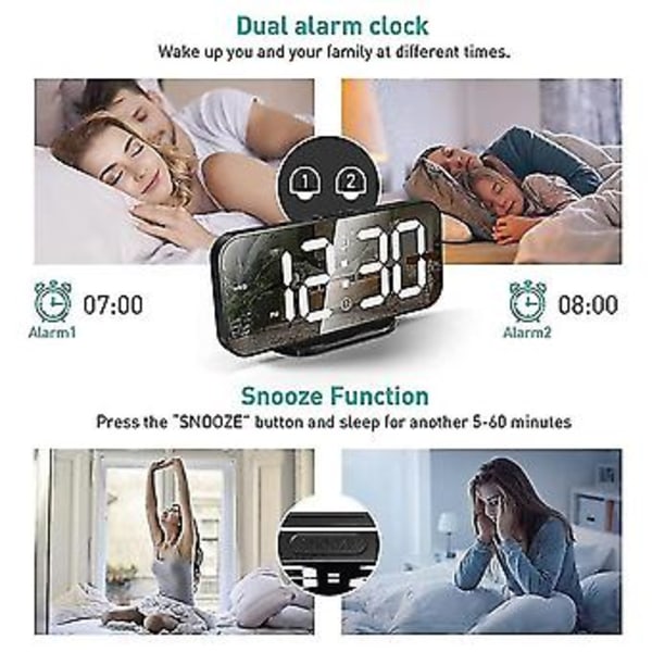 HD Spegel Digital Dag Visning Nattläge Obegränsad Snooze Bordsklocka 12/24h Alarm/LED Klocka