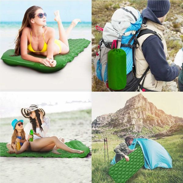 Campingmadrass, sovemadrass med oppblåsbar pute, sammenleggbar og vanntett turmadrass for camping, reiser, fotturer 190 x 56 x 6 cm (Gr