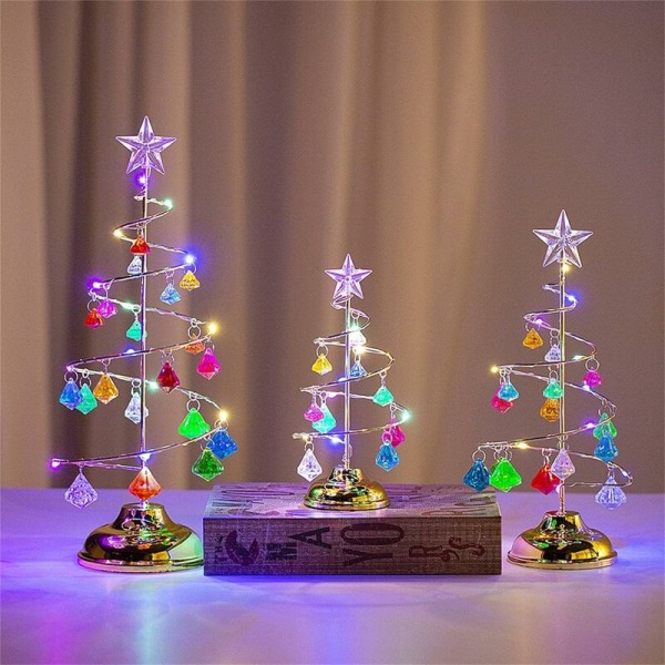 Bordplade juletræ, metal krystal spiral juletræ med stjernevedhæng, rhinsten, bordlampe dekoration til kontoret centerpiece (13