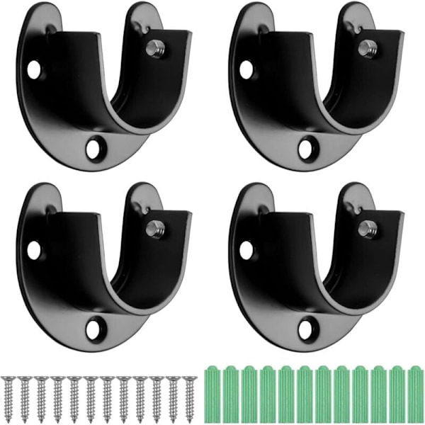 4Pcs U-Shaped Curtain Rod, 25Mm Curtain Closet Rod Bracket, Stainless Steel Wardrobe Pole Sockets, Flange Bracket, Wardrobe Rod End with Screws, Bla