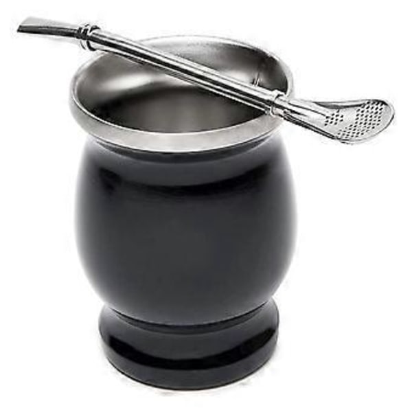Yerba Mate Gourd Set Dubbelväggig Rostfri Tekopp och Bombilla 23 cl Bombillas Yerba Mate Halm - Svart