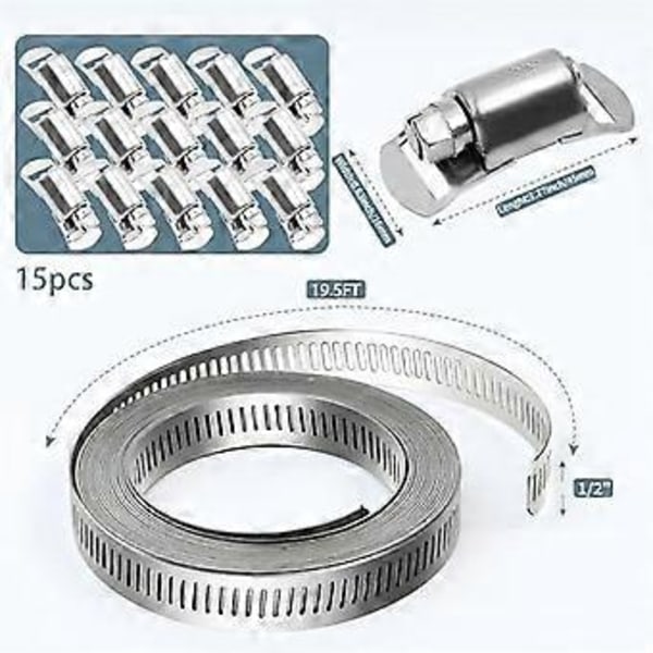 304 Rostfria Stål Slangklämmor - för DIY, Klipp-Till-Passform 5,94 m Rem + 15 Fästelement Kit Justerbara Maskskruvband Kanal