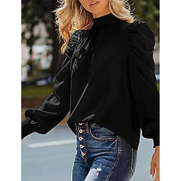 Dam Långärmad Puffärm Topp Skjorta Trendig Elegant Lös Casual Enfärgad Höghalsad Blus för Arbete Svart L