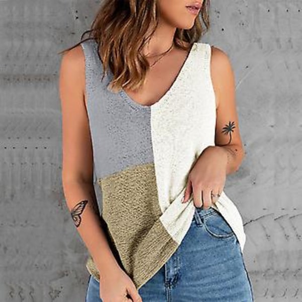 Dame V-hals Strikket Tank Top Casual Ermeløs Fargeblokk Løs Skjorte for Sommerferie Hvit L