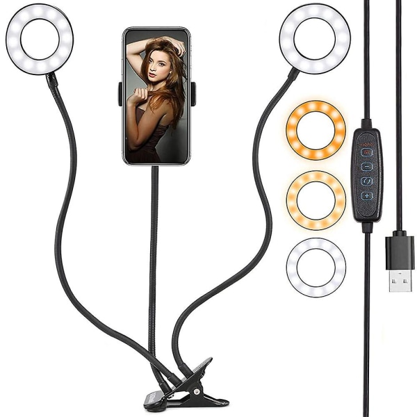 Sort Ring Dobbelt Lys Med Mobiltelefon Holder Stand Til Live Stream/makeup, Led Kamera Belysning Med Fleksible Arme Kompatibel med Alle Ipho