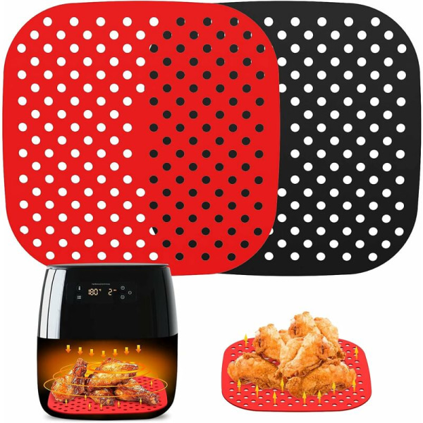 7,5 tums återanvändbara Air Fryer-mattor, 2 stycken halkfria fyrkantiga silikonmattor, non-stick korgmatta Air Fryer-tillbehör för kök, svart+röd