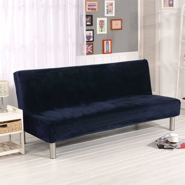 Samettisen käsinojattoman sohvan peite 3-istuttavaan talvisohvasänkyyn, yksivärinen liukumaton joustava istuvuus taittuvaan sohvasänkyyn, tummansininen