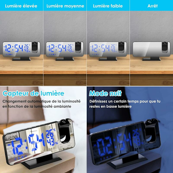 Projektionsväckarklocka för tak, väckarklockradio med projektion i taket, med 7,5 tums spegelskiva, temperatur USB-port, dubbla väckarklockor,