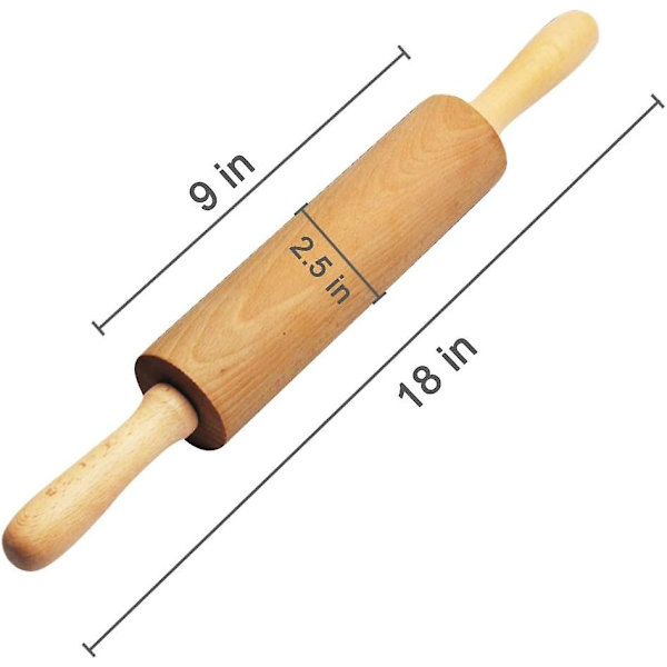 Klassisk tre kjevle - 18 tommers tre kjevle med håndtak Solid tre rullepinne Baking Profesjonell deigrull for hjemmebakeri Pi