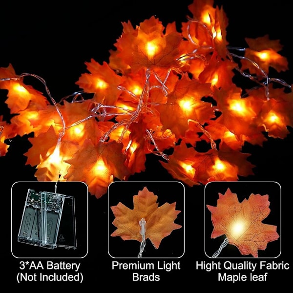 Ljus med lönnlöv, 6 m 40 LED-ljus med lönnlöv, ljusslinga med lönnlöv, höstljusslinga, för Thanksgiving, Halloween, jul, heminredning