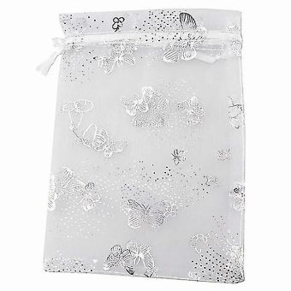100 stk. 9x12cm Sommerfugl Organza Smykker Gavepose Slikpose Snøre Bryllupsgaveposer Hvid