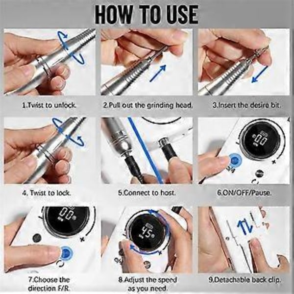 Elektrisk nagelfilmaskin med LCD-display, uppladdningsbar nagelfil, nageltillbehör, gelnagellacks slipmaskin, vit