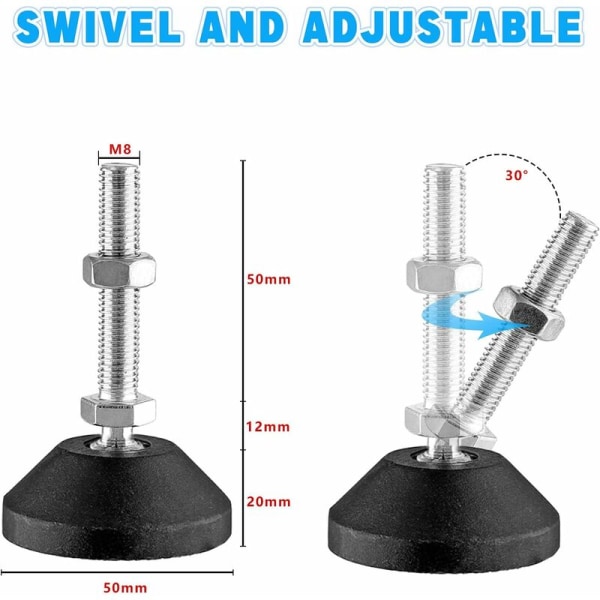Pakke med 8 justeringsskruer M8 ¡Á 50 mm rustfritt stål justeringsskrue M8 15¡ã skråstilt, høydejusterbare føtter justerbare føtter med kuleledd