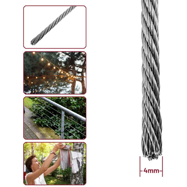 Rull med rustfritt ståltau 10m 7x19 4mm