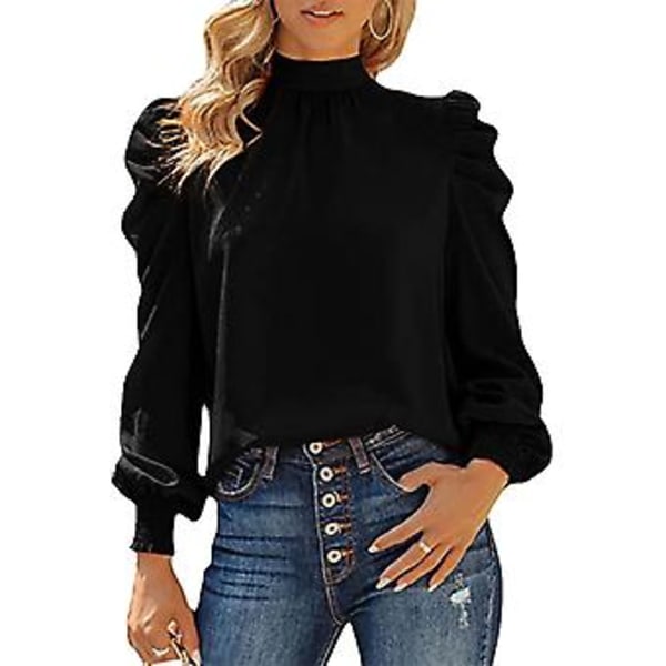 Dame Lang Puff Erme Topper Skjorte Moderne Elegant Løs Casual Ren Farge Høy Hals Bluse for Arbeid Svart XXL