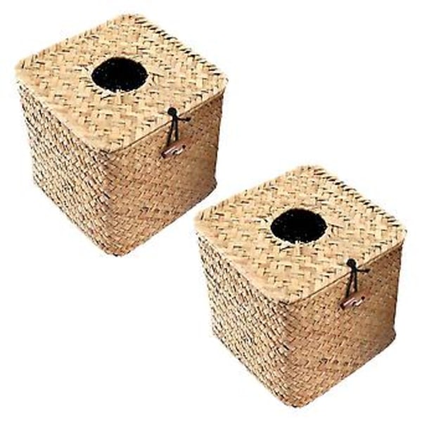 2-pack fyrkantig ansiktsservettlåda i sjögräs - Dekorativ vävd pappershållare servettdispenser - Halm T