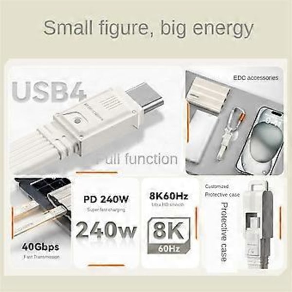 USB4 Datakabel Bærbar Nøgleringssæt 40Gbps USB C til Type C Kabel PD 240W til 3/4 15 Pro Hvid
