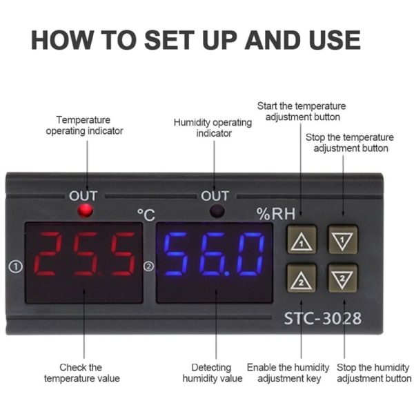 DC 12V Dobbelt Digital Termostat Temperatur Fugtighedskontrol Termometer Hygrometer Inkubator Controller STC-3028