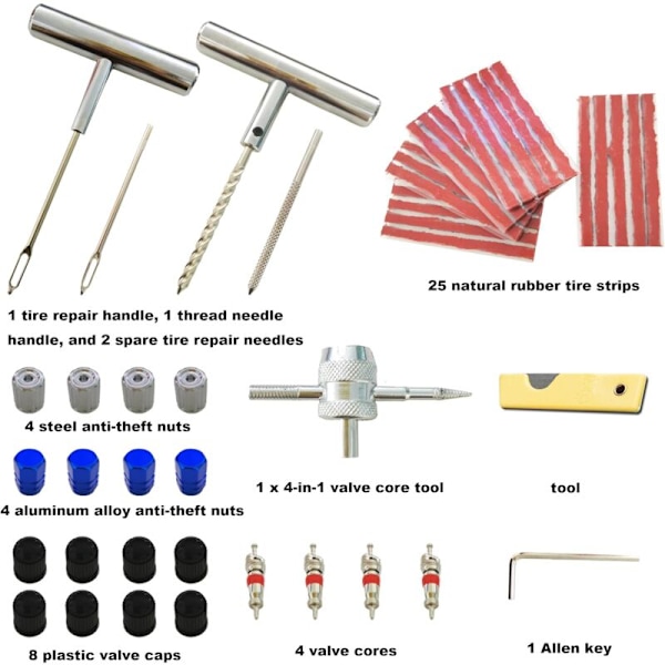 53PCS Dæk Reparationssæt, Heavy Duty Dæk Hætter Kit, Bærbart Dæk Reparationssæt, Nødvendigt Hurtigt Dæk Reparationssæt til Bil, Crossmotorcykler, Motorcykel, osv.