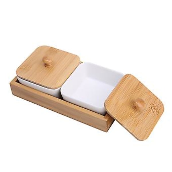 Keramisk serveringsfat for snacks med bambusbrettdeksel for frukt, nøtter og desserter (2 rom)