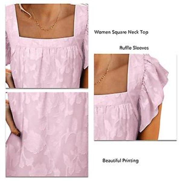 Kort volangermet trykket topp firkantet hals dame polyester chiffon topp for sommer utendørs rosa lilla XXL