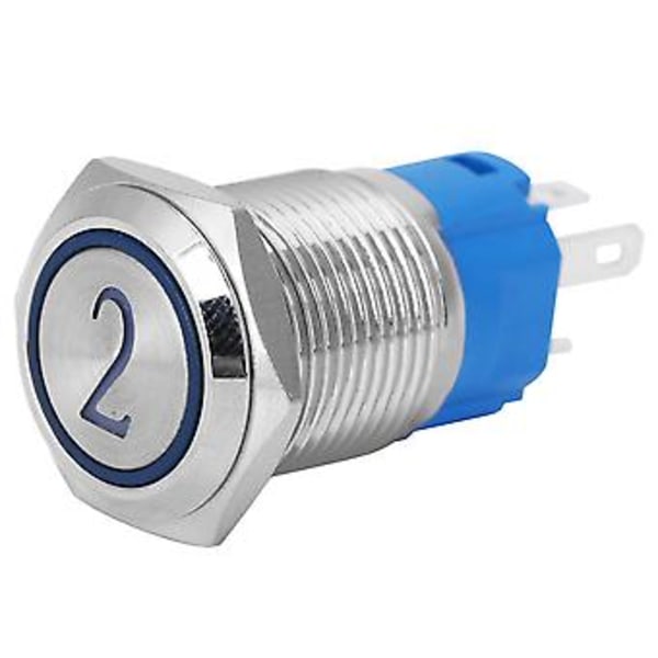 2 KPL Litteä Itsepalautuva 5-nastainen Metallinen Painonappikytkin Valolla, Numero 2 Symboli, 16mm, 220VAC, Sininen