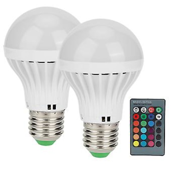 2 stk. E27 3W RGB Pære Lampe Fargeskiftende Pære Lys Hjemmebelysning med Fjernkontroll 85V‑265V