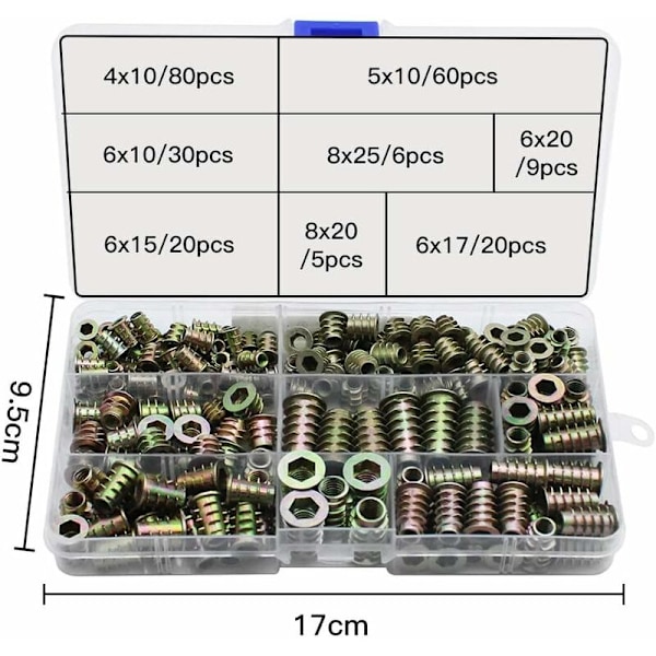 230 stk. sekskantet indsats med gevind i zinklegering, møtrikker med gevindindsats, møtrikker med udvendigt gevind M4 M5 M6 M8 til møtrikværktøjssæt