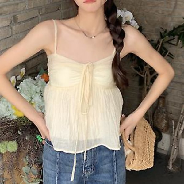 Stropptopp Rynket Løs Kant Knyte Halter Neck Ren Farge Dobbelt Lag Dame Ermeløs Bluse for Sommer Aprikos One Size