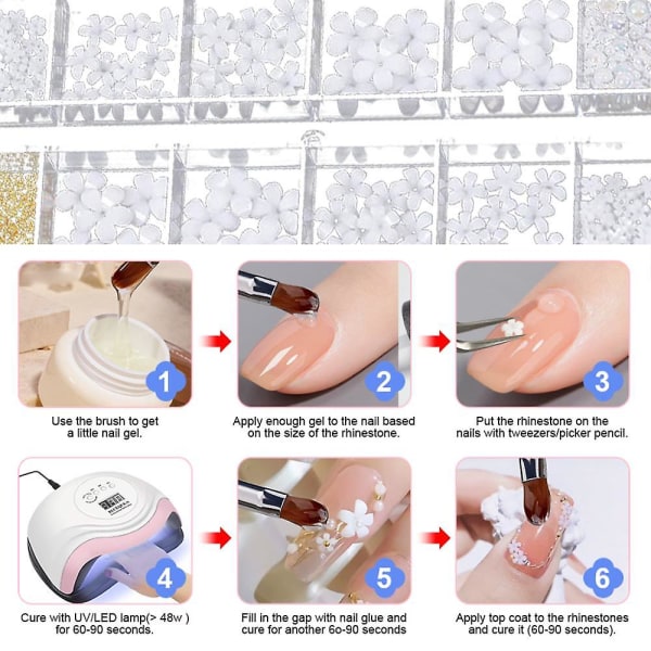 Akrylblommor 3d nageldekorationer blandad storlek vita platta hartsblommor 3d nagelkonstdesign