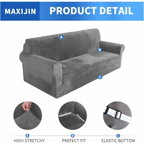 Super Stretchy Tykk Fløyel Sofa Deksel for Hunder Katt Kjæledyrvennlig 1-Stykke Elastisk Møbelbeskytter Plysj (3 Seater, Grå)