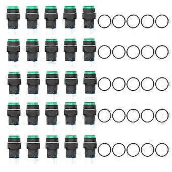 25st Tryckknapp Momentan Självlåsande 5 Pin 16mm med Lampa 24V Set Kit för Utrustning Grön