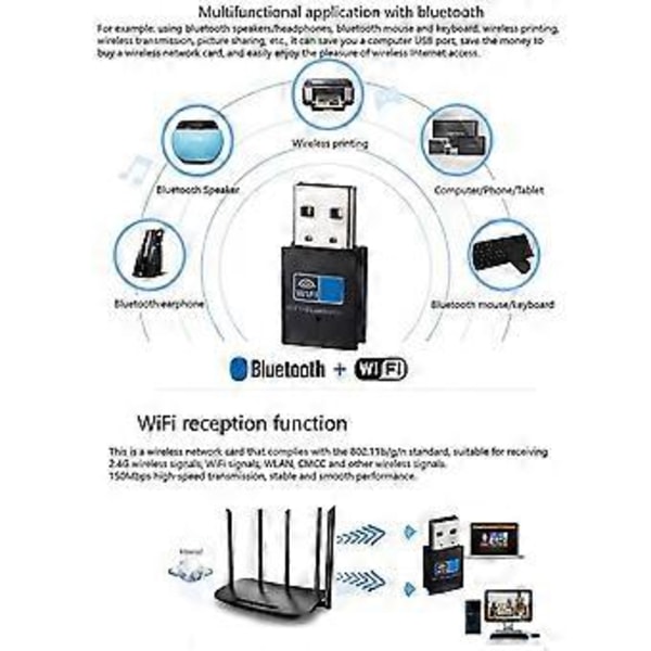Usb Wifi Bluetooth Adapter, Bluetooth 4.2 150mbps Wifi Dongle Nettverkskort, Wifi Bluetooth Mottaker