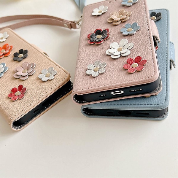 Flip Wallet Case kompatibel med Iphone 14 Plus, kortspor 3d Flower Leather Magnetic Cover Khaki