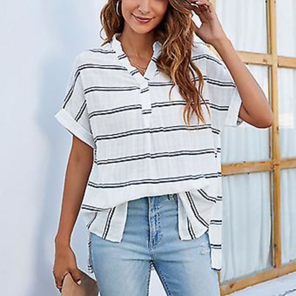 V-hals Kortermet Bluse Dame Enkel Stilig Casual Løs Splitt Hem Skjorte Topper for Dagligliv Arbeid Stripe XL