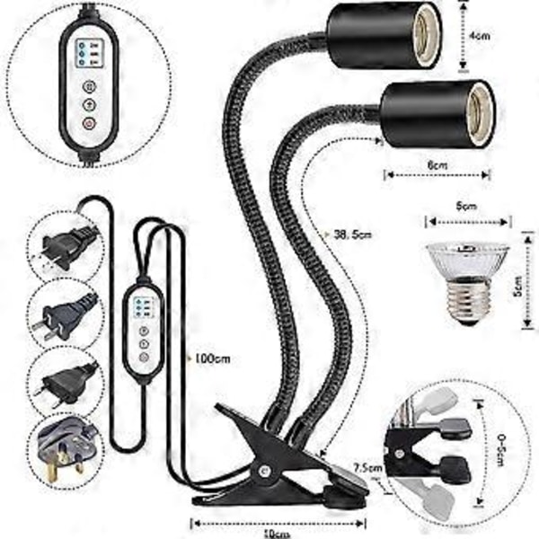 Reptil Varmelampe Roterende Dobbelt-Hoved Reptil Lysholder UVA/UVB Varmelampe Pære 25W/50W/75W til Skildpadder Firben Slanger Planter