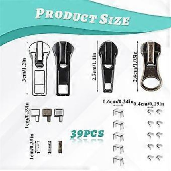 Dragkedjereparationssats, 5 Dragkedje Ersättnings Slider Kit, Dragkedjor Drag Nedre Stopp och Övre Stopp Fix Dragkedja på